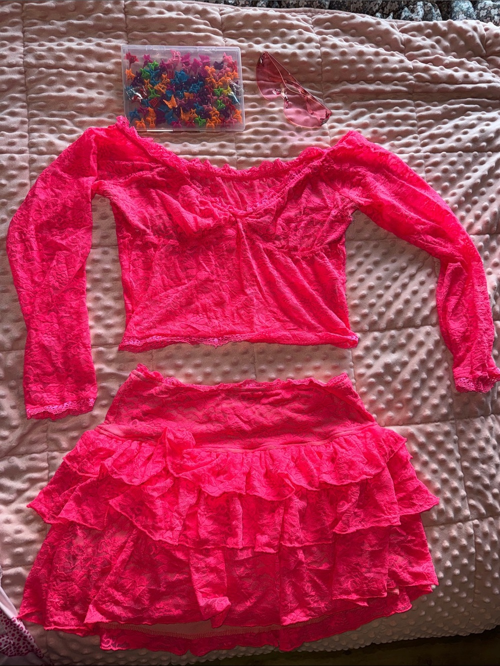 Y2k Neon Pink Lace Two-Piece Set - Off-Shoulder Crop Top & Ruffled Mini Skirt